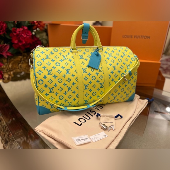 Louis Vuitton Keepall B 50 M21869 💯% Authentic Yellow/Turquoise DuffleBag - Picture 1 of 16
